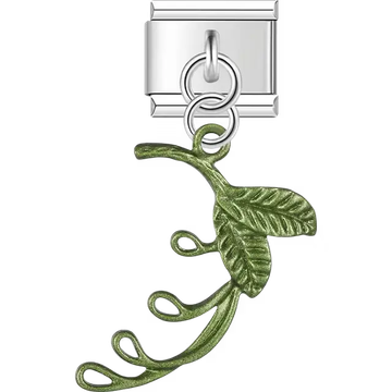 Green metallic vine leaf spiral tendrils dangle Italian charm bracelet link