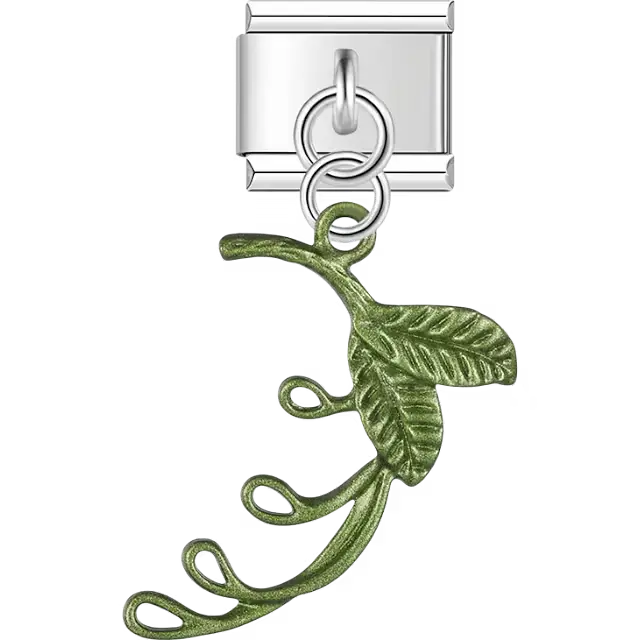 Green metallic vine leaf spiral tendrils dangle Italian charm bracelet link
