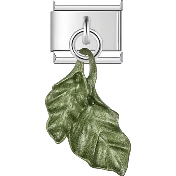 Green metallic curved leaf textured veins dangle Italian charm bracelet link