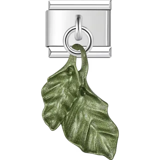 Green metallic curved leaf textured veins dangle Italian charm bracelet link