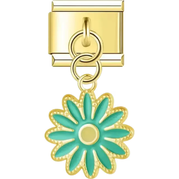 Gold dangling daisy with green petals and a yellow center Italian charm bracelet link