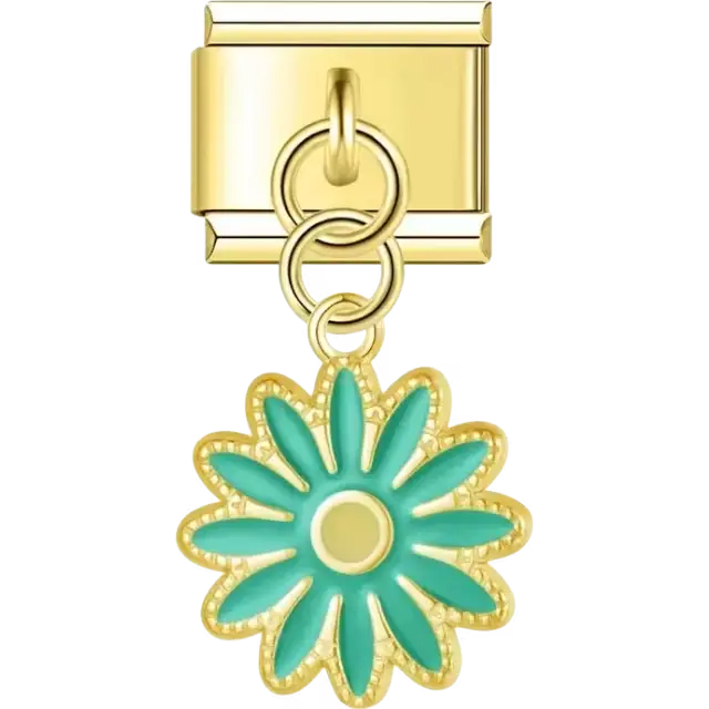 Gold dangling daisy with green petals and a yellow center Italian charm bracelet link