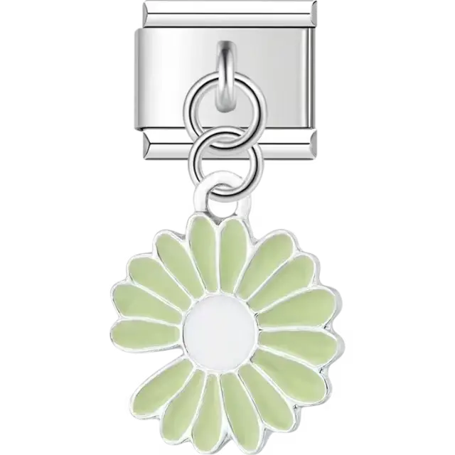 Green daisy flower with petals and white center dangle Italian charm bracelet link