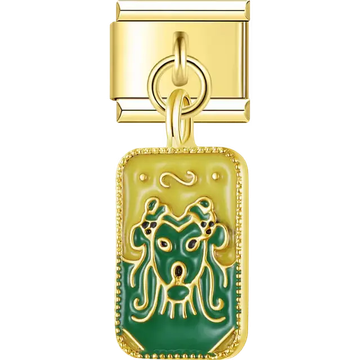 Green and yellow enamel rectangle with stylized dog face gold trim Italian charm bracelet link