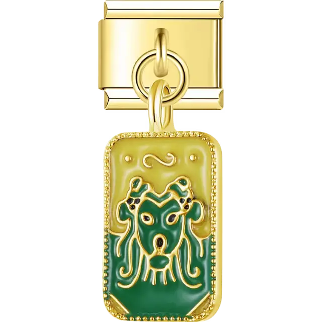 Green and yellow enamel rectangle with stylized dog face gold trim Italian charm bracelet link