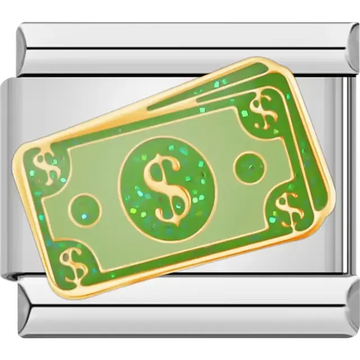 Green dollar bill design with gold detailing and glitter accents Italian charm bracelet link