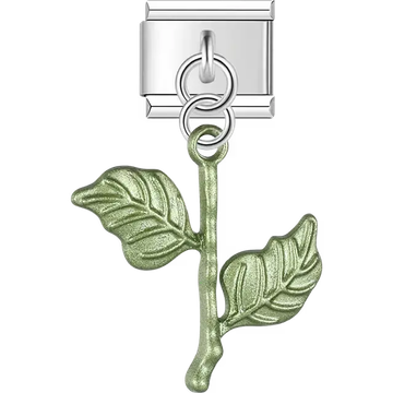 Green metallic double leaf stem dangle Italian charm bracelet link