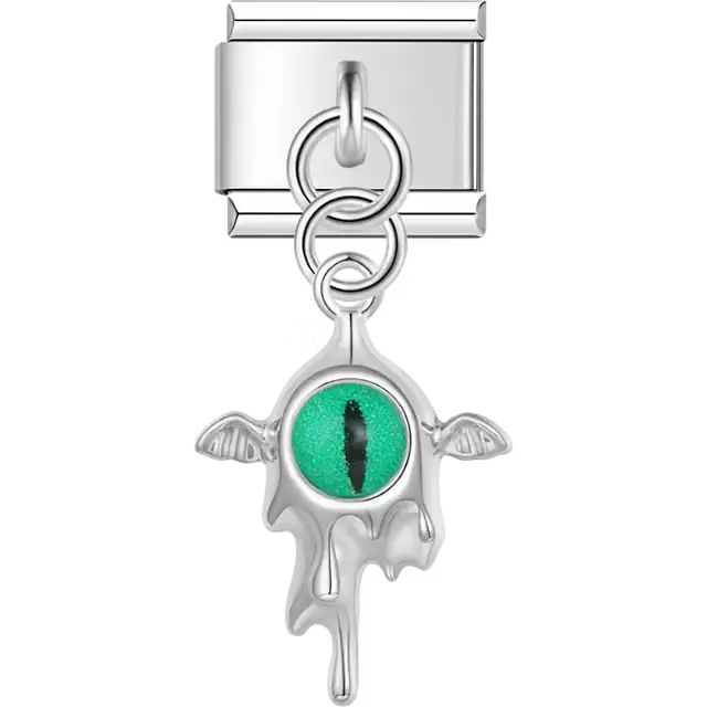 Green dragon eye with wings design on dangle pendant Italian charm bracelet link