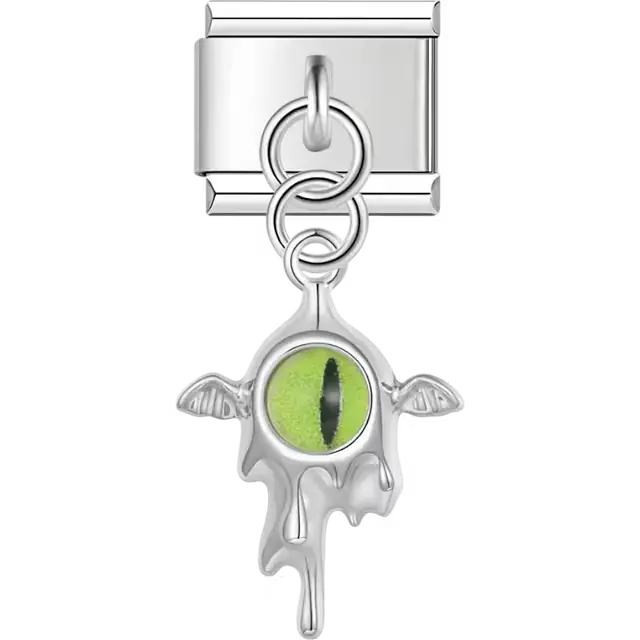 Green dragon eye with wings design on dangle pendant Italian charm bracelet link