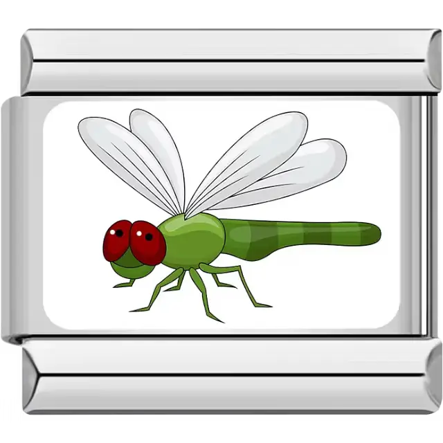 Cartoon green dragonfly with red eyes and white wings Italian charm bracelet link