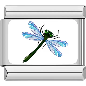 Cartoon green dragonfly with blue wings Italian charm bracelet link