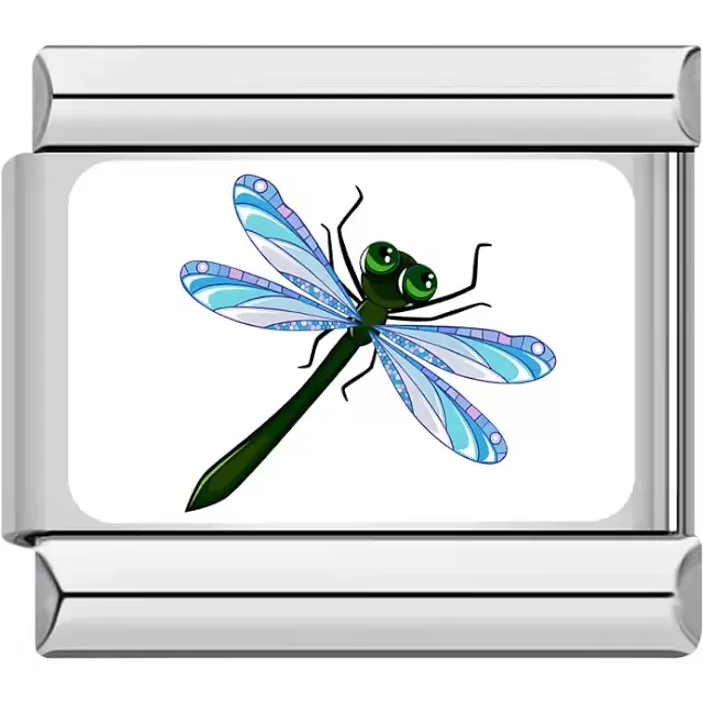 Cartoon green dragonfly with blue wings Italian charm bracelet link
