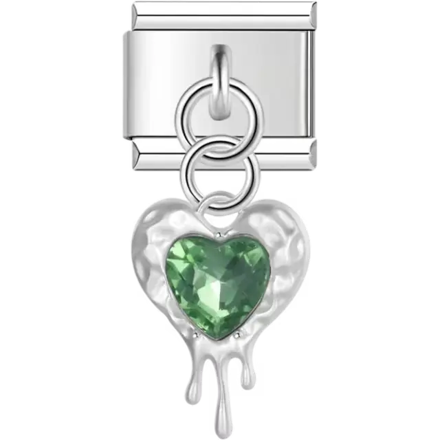Dangle dripping heart with a green heart-shaped center Italian charm bracelet link