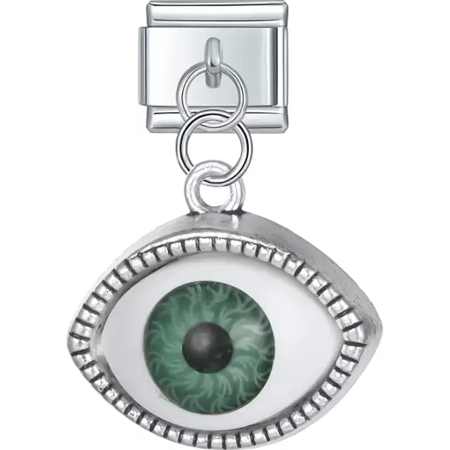 Dangling evil eye design with a detailed green iris Italian charm bracelet link