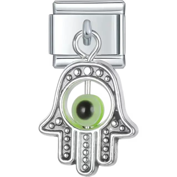 Dangling hamsa hand design with textured details and a green evil eye bead Italian charm bracelet link