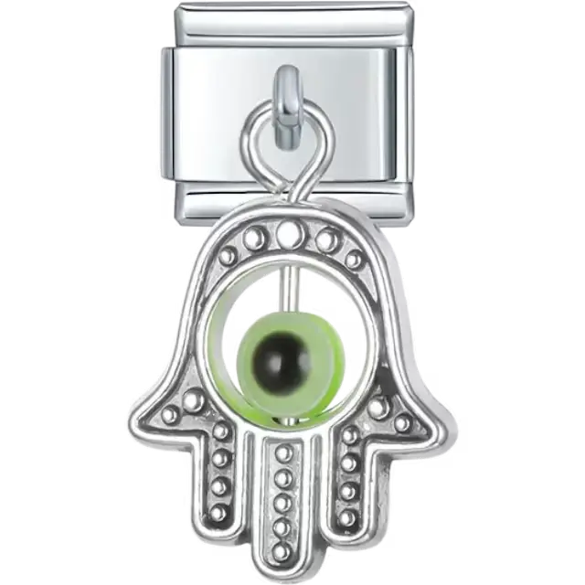Dangling hamsa hand design with textured details and a green evil eye bead Italian charm bracelet link