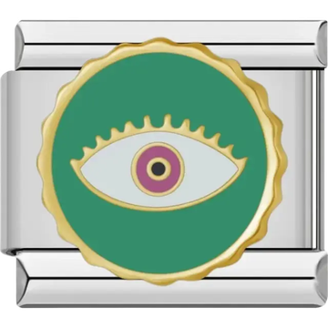 Round green charm with white eye and gold accents Italian charm bracelet link