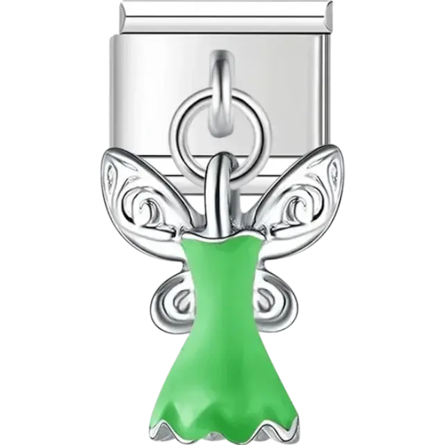 Green fairy dangle charm with intricate silver wings Italian charm bracelet link
