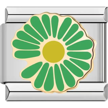 Green flower petals with a yellow center and gold accents Italian charm bracelet link