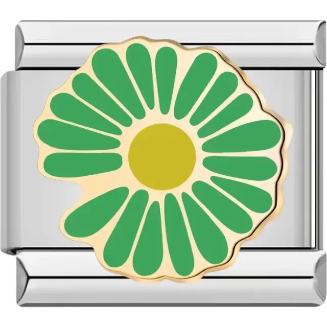 Green flower petals with a yellow center and gold accents Italian charm bracelet link