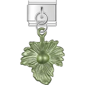 Green metallic flower with textured petals dangle Italian charm bracelet link