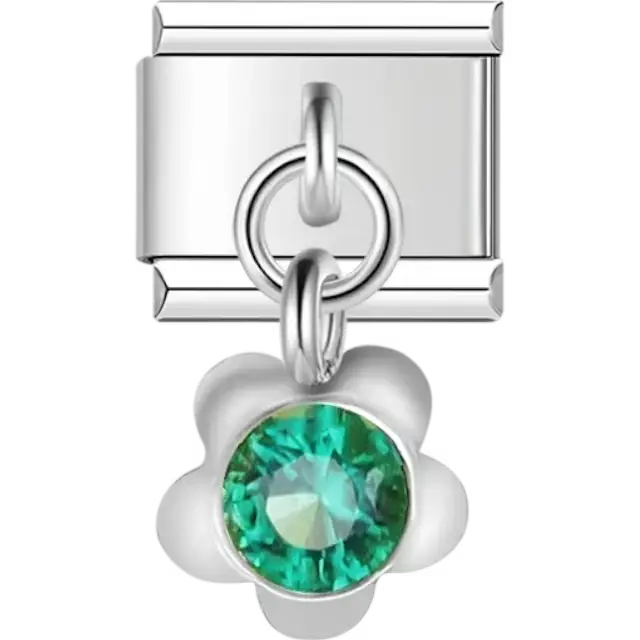 Green gemstone flower-shaped dangle Italian charm bracelet link