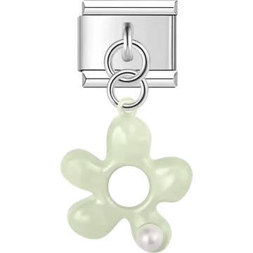 Green flower shape with pearl accent dangle Italian charm bracelet link