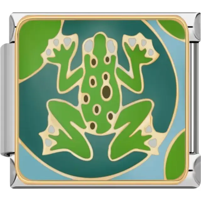 Green frog with spots on a blue and green background Italian charm bracelet link