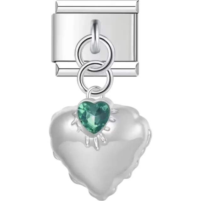Puffy heart with green faceted gem centerpiece dangle Italian charm bracelet link