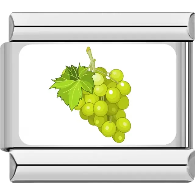 Cluster of green grapes with two green leaves on a white background Italian charm bracelet link
