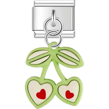 Green cherry stems with two heart-shaped fruits featuring red hearts Italian charm bracelet link