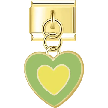 Gold dangle green heart yellow center Italian charm bracelet link