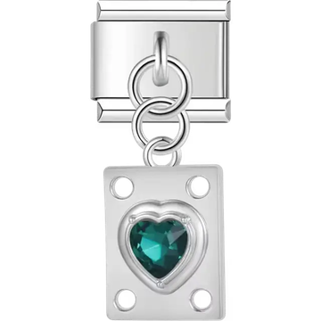 Green heart gemstone on rectangular shape with circular cutout accents Italian charm bracelet link