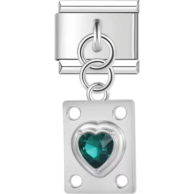 Green heart gemstone on rectangular shape with circular cutout accents Italian charm bracelet link