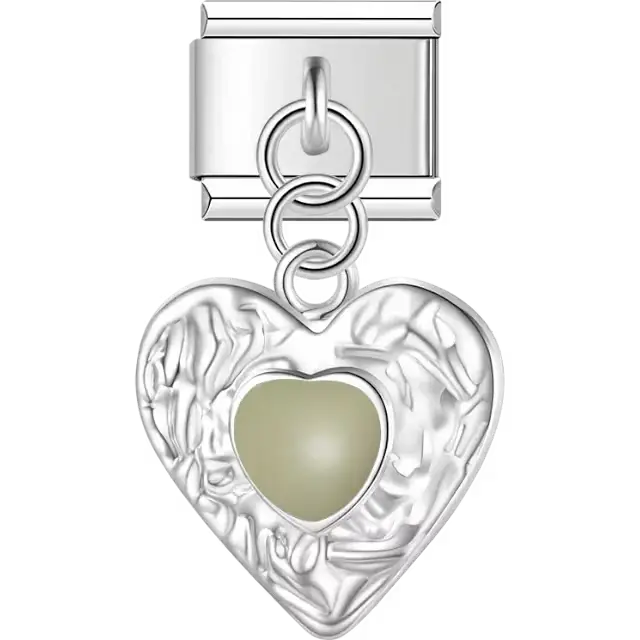 Textured heart with green heart center dangle Italian charm bracelet link