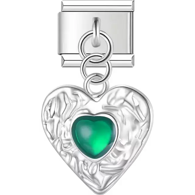 Textured heart with green heart center dangle Italian charm bracelet link