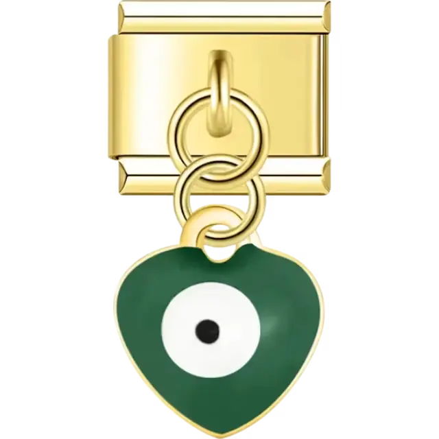 Dangle green heart evil eye with white center Italian charm bracelet link