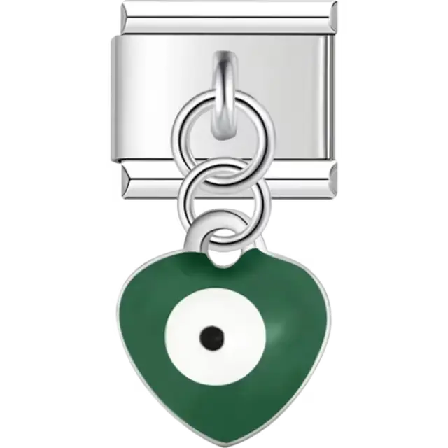 Dangle green heart evil eye with white center Italian charm bracelet link