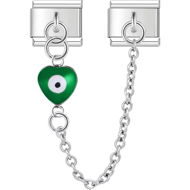 Green heart with a centered white and black evil eye connected by a safety chain Italian charm bracelet link