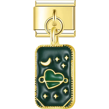 Dark green enamel rectangle with gold heart lock crescent moon and stars Italian charm bracelet link