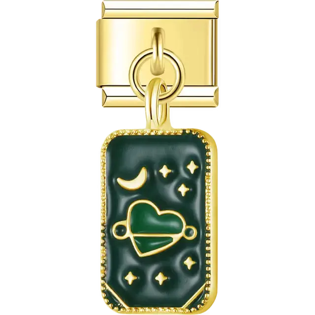 Dark green enamel rectangle with gold heart lock crescent moon and stars Italian charm bracelet link