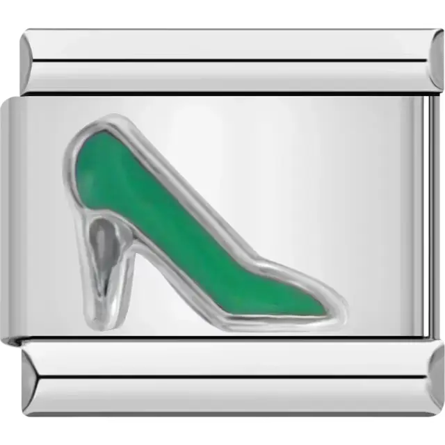 Green high heel shoe design with silver details Italian charm bracelet link