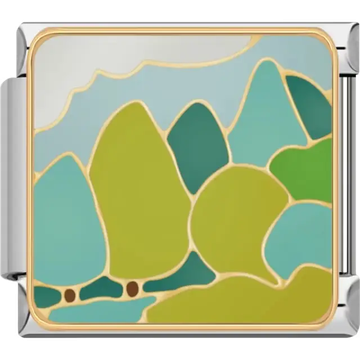 Layered green and blue hills with gold outlines under a light blue sky Italian charm bracelet link