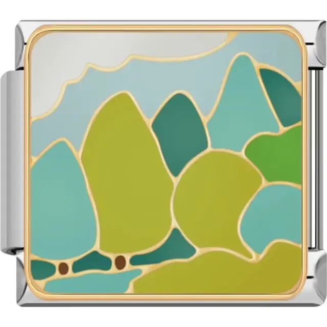 Layered green and blue hills with gold outlines under a light blue sky Italian charm bracelet link