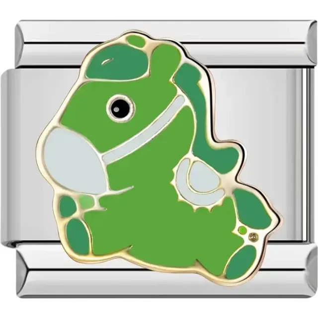 Green horse wearing a mask design with gold outlines Italian charm bracelet link