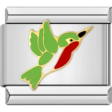 Green hummingbird with red chest and golden outline Italian charm bracelet link
