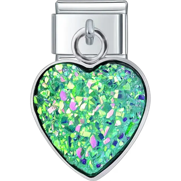 Heart-shaped green iridescent glitter dangle Italian charm bracelet link