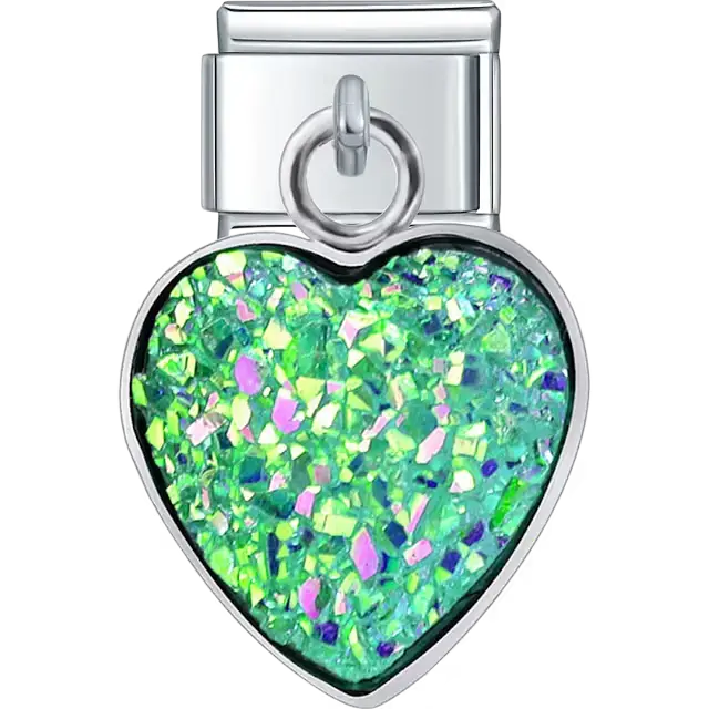 Heart-shaped green iridescent glitter dangle Italian charm bracelet link