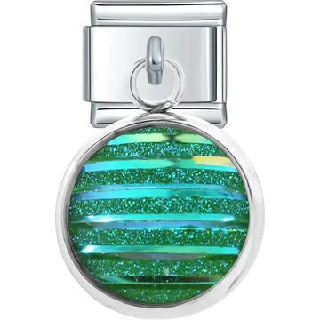 Round dangle with green iridescent glitter and horizontal stripe pattern Italian charm bracelet link