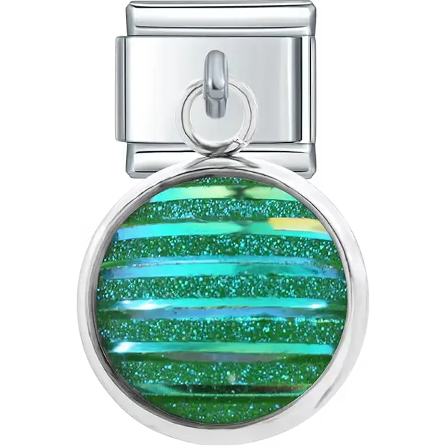 Round dangle with green iridescent glitter and horizontal stripe pattern Italian charm bracelet link